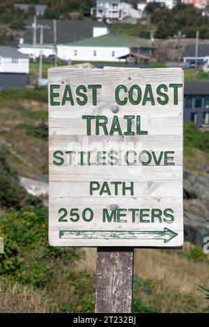 East Coast Trail to Stiles Cove sign in Pouch Cove, Newfoundland & Labrador, Canada Stock Photo