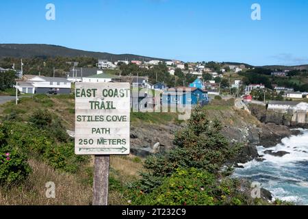 East Coast Trail to Stiles Cove sign in Pouch Cove, Newfoundland & Labrador, Canada Stock Photo