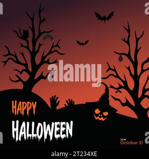 happy Halloween poster party invitation background with smooky clouds and social media illustration background design Stock Vector