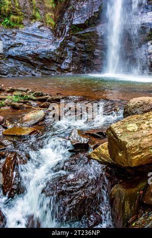 Waterfall, lake and river among the rocks of the rainforest in Minas Gerais, Brazil Stock Photo