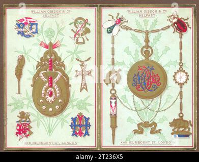 Chromolithographed folding advertisement for William Gibson & Co. Belfast and 112 Regent Street, London,  for jewellery, watches and optics circa 1885 Stock Photo