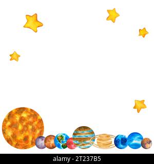 Frame. Planets of the solar system. Border. Illustration on background of outer space with stars. Planetarium clip art. Stock Photo