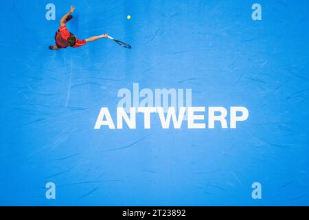 Antwerp, Belgium. 16th Oct, 2023. Belgian David Goffin pictured in action during a first round match at the European Open Tennis ATP tournament, in Antwerp, Monday 16 October 2023. BELGA PHOTO JASPER JACOBS Credit: Belga News Agency/Alamy Live News Stock Photo