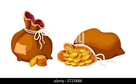 Set Money bag, sack with golden coins in cartoon style isolated on white. Game element asset success, trophy. . Vector illustration Stock Vector