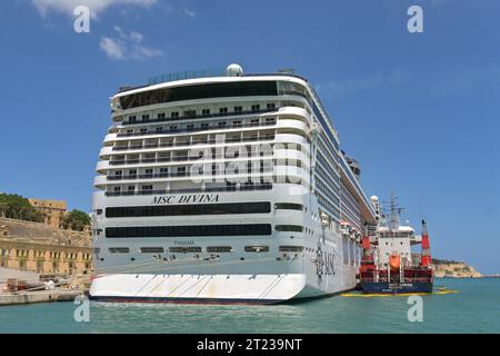 Valletta, Malta - 6 August 2023: rear view of the large cruise ship MSC Divina docked in the city's harbour Stock Photo