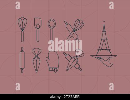 Kitchen utensils in art deco style to prepare bakery products whisk, spatula, measuring spoon, rolling pin, pastry bag, potholder, dish drawing on cor Stock Vector