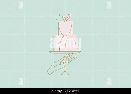 Cake stand with dessert in art deco style holding by hand drawing on turquoise background Stock Vector