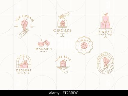 Bakery dessert labels with lettering in art deco style drawing on white ...