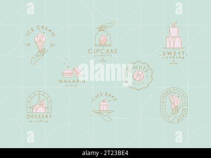 Bakery dessert labels with lettering in art deco style drawing with ...
