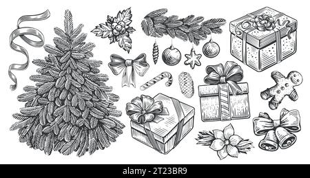 Christmas holiday concept in engraving style. Hand drawn vintage sketch vector illustration Stock Vector