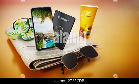 Slippers,sun screen tube, smartphone and sunglasses standing on beach towel. 3D illustration. Stock Photo