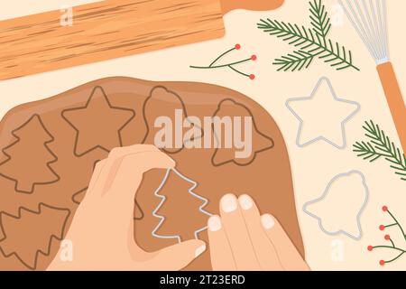 preparing of homemade christmas gingerbread cookies - vector illustration Stock Vector