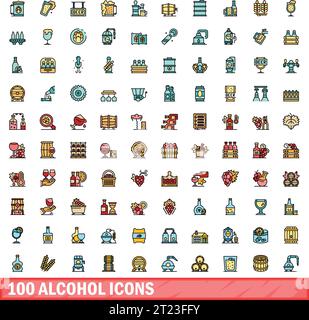 100 alcohol icons set. Color line set of alcohol vector icons thin line color flat on white Stock Vector