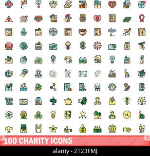 100 charity icons set. Color line set of charity vector icons thin line color flat on white Stock Vector