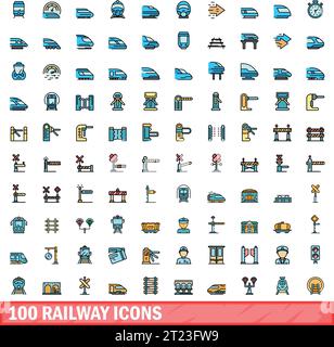 100 railway icons set. Color line set of railway vector icons thin line color flat on white Stock Vector