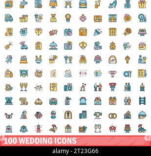 100 wedding icons set. Color line set of wedding vector icons thin line color flat on white Stock Vector