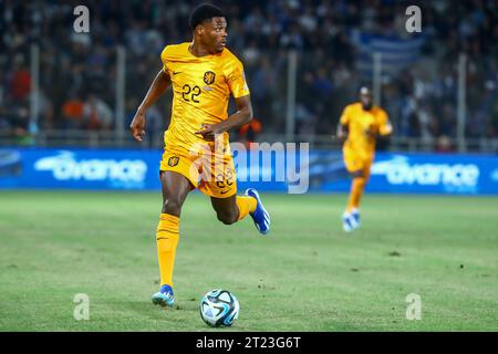 Athens, Greece. 16th Oct, 2023. ATHENS, GREECE - OCTOBER 16: Denzel Dumfries of the Nederlands during the UEFA EURO 2024 Qualifying Round Group B match between Greece and Netherlands at OPAP Arena on October 16, 2023 in Athens, Greece (Photo by/Orange Pictures) Credit: Orange Pics BV/Alamy Live News Stock Photo