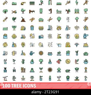 100 tree icons set. Color line set of tree vector icons thin line color flat on white Stock Vector