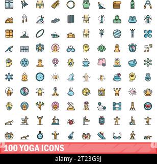 100 yoga icons set. Color line set of yoga vector icons thin line color flat on white Stock Vector