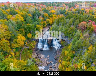 An aerial view of the scenic Blackwater Falls in West Virginia surrounded by fall foliage Stock Photo