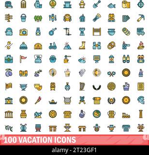 100 vacation icons set. Color line set of vacation vector icons thin line color flat on white Stock Vector