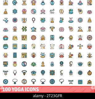 100 yoga icons set. Color line set of yoga vector icons thin line color flat on white Stock Vector