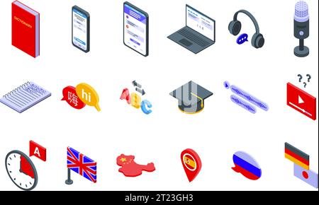 Learning a new language icons set isometric vector. Learn education study. Digital dictionary Stock Vector