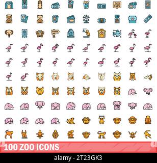 100 zoo icons set. Color line set of zoo vector icons thin line color flat on white Stock Vector