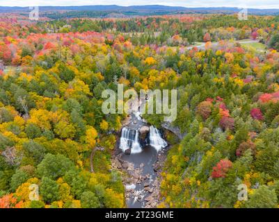 An aerial view of the scenic Blackwater Falls in West Virginia surrounded by fall foliage Stock Photo