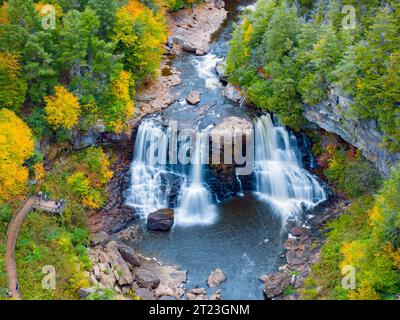 An aerial view of the scenic Blackwater Falls in West Virginia surrounded by fall foliage Stock Photo