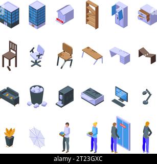 Abandoned office icons set isometric vector. Broken service. Service furniture Stock Vector