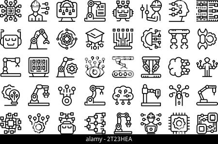 Robotic systems engineer icons set outline vector. Software coding. Computer brain idea Stock Vector