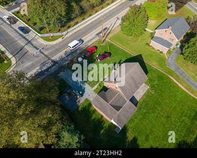 Aerial drone view of residential construction site in suburban neighborhood. Stock Photo