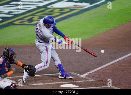 Houston, United States. 16th Oct, 2023. Texas Ranger Mitch Garver hits an rbi-single in the first inning against the Houston Astros in game two of the ALCS at Minute Maid Park in Houston on Monday, October 16, 2023. Photo by Kevin M. Cox/UPI Credit: UPI/Alamy Live News Stock Photo