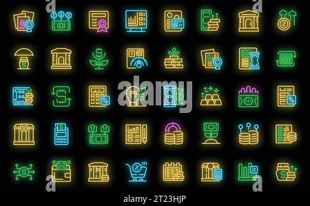 Investment banking icons set outline vector. Money save. Grow income neon color on black Stock Vector