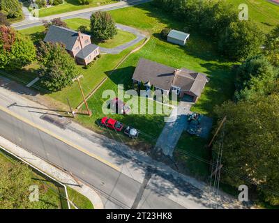 Aerial drone view of residential construction site in suburban neighborhood. Stock Photo