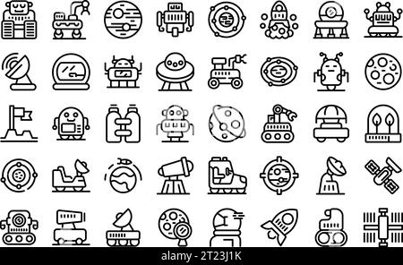 Robotics in space icons set outline vector. Machine space. Base station planet Stock Vector