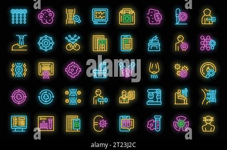 Precision medicine icons set outline vector. Medicine science. Dna molecule neon color on black Stock Vector