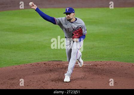 Houston, United States. 16th Oct, 2023. Texas Rangers starting pitcher Nathan Eovaldi throws in the first inning against the Houston Astros in game two of the ALCS at Minute Maid Park in Houston on Monday, October 16, 2023. Photo by Kevin M. Cox/UPI. Credit: UPI/Alamy Live News Stock Photo