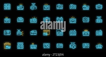 Projector icons set outline vector. Video office. Electronic stand neon color on black Stock Vector