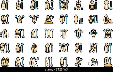 Paddle board icons set outline vector. Sup board water. Beach activity thin line color flat on white Stock Vector