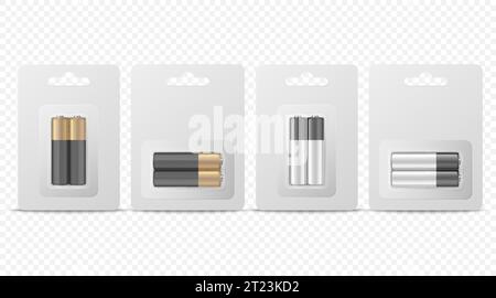 Vector 3d Realistic Two Alkaline Battery in Paper Blister Icon Set Closeup Isolated. AA Size, Horizontal and Vertical Position. Design Template for Stock Vector