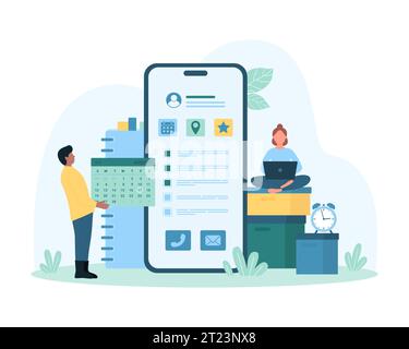 Planning business tasks and projects in mobile app vector illustration. Cartoon tiny people holding calendar to plan and organize events and meeting, using application on screen for organization Stock Vector