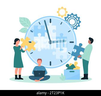 Time management and teamwork vector illustration. Cartoon tiny people put puzzle pieces into big clock, office managers control workflow and plan organization of work tasks with effective method Stock Vector