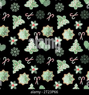 Seamless winter holiday pattern with Christmas decorations on a black background. Vector illustration Stock Vector