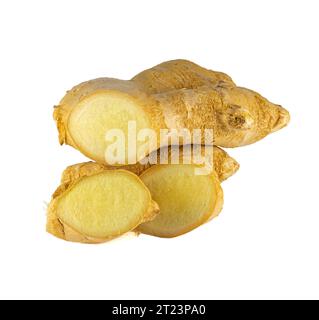 Fresh ginger rhizome with sliced isolated on white background.  Stock Photo