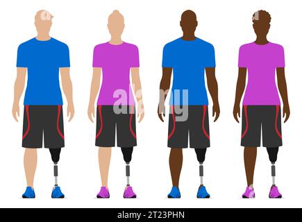 Vector set of white and black athletic men and women with prosthetic legs, dressed in sportswear, isolated on white background. Stock Vector