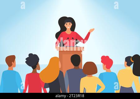 Confident speech of speaker in front of audience vector illustration. Cartoon young woman orator standing behind podium with microphones to speak in front of crowd of people, presentation of leader Stock Vector