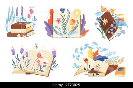 Books with spring and summer flowers and leaves set vector illustration. Cartoon isolated stacks of notebooks and paper textbooks with floral decoration, open and closed books with bouquets to read Stock Vector