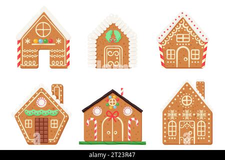 Gingerbread houses set vector illustration. Cartoon isolated cute baked town buildings collection with candy and sugar icing snowflakes pattern, chocolate decorations on windows and doors of houses Stock Vector